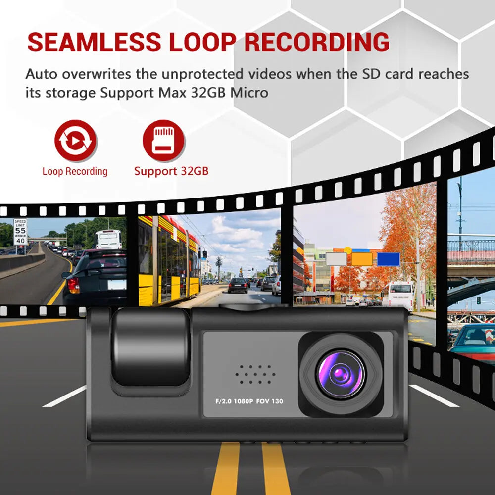 ash Cam with IR Night Vision, Loop Recording & 2" IPS Screen – 1080P Triple Camera Vehicle DVR