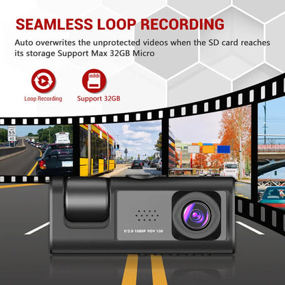ash Cam with IR Night Vision, Loop Recording & 2" IPS Screen – 1080P Triple Camera Vehicle DVR