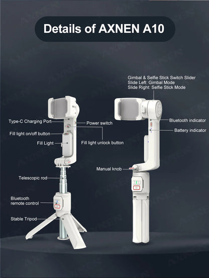 AXNEN A10 Smartphone Gimbal – Stabilizer with Fill Light, Tripod & Remote