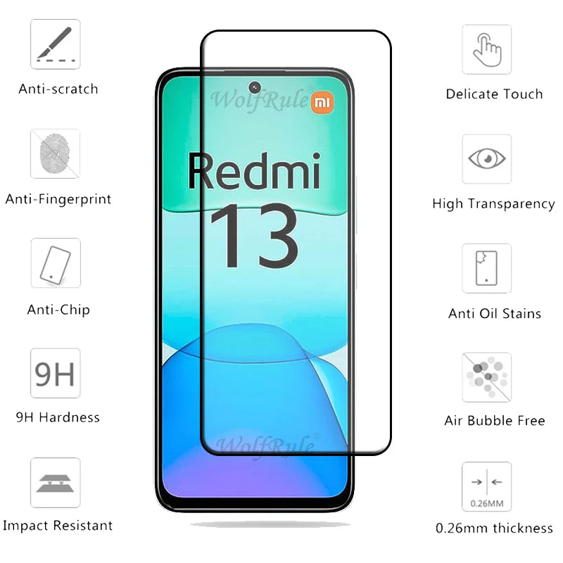 6-in-1 Tempered Glass Screen Protector Kit – 9H HD for Xiaomi Redmi 13 & Lens Glass