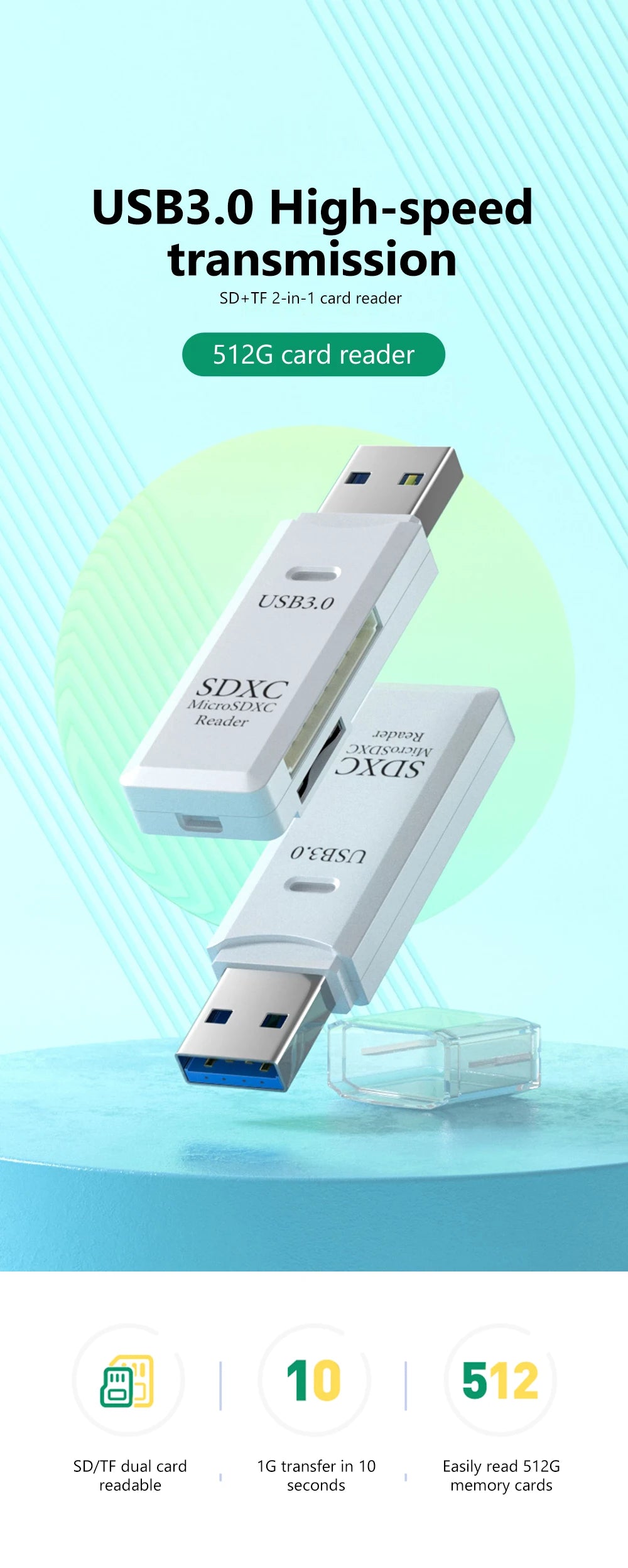 2-in-1 USB 3.0 Card Reader – SD & Micro TF High-Speed Adapter for PC & Laptop