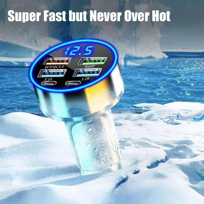 UYUXIO 6-in-1 USB-C Car Charger – Dual PD Super Fast with Voltage Display for iPhone, Samsung & Huawei