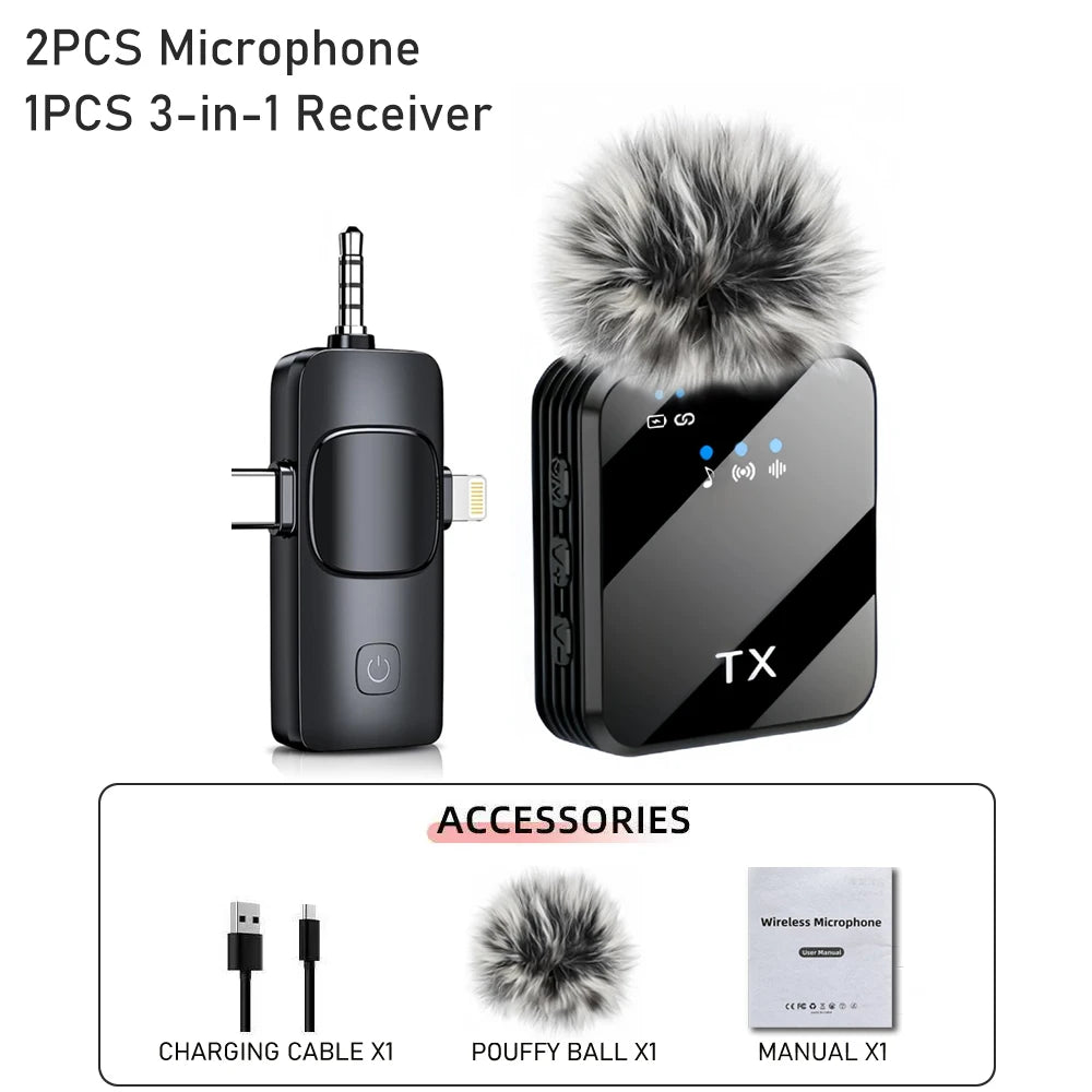 3-in-1 Wireless Lavalier Microphone – For Camera, iPhone & Android with Noise Reduction