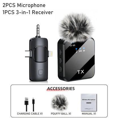 3-in-1 Wireless Lavalier Microphone – For Camera, iPhone & Android with Noise Reduction