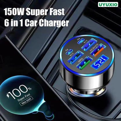 UYUXIO 6-in-1 USB-C Car Charger – Dual PD Super Fast with Voltage Display for iPhone, Samsung & Huawei