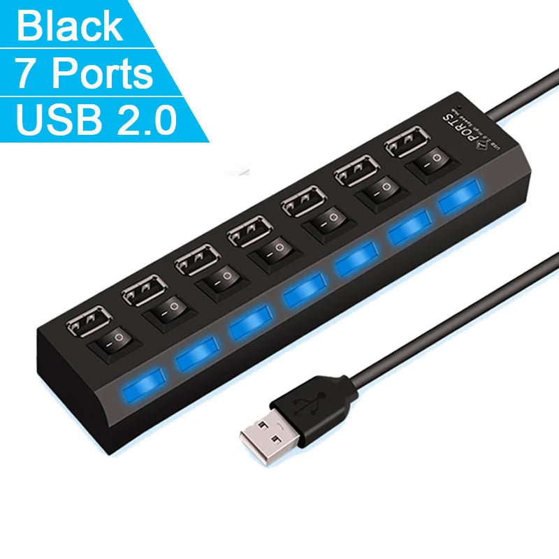High-Speed USB 2.0 Hub 4/7 Ports – Splitter with LED & Power Switch for PC and Laptop